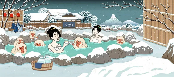 Ukiyo-e style hot spring scene — Stock Vector