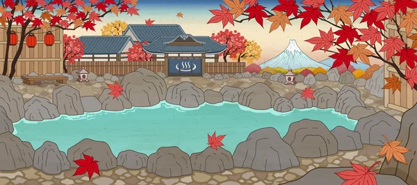 Japanese ukiyo-e hot spring in fall — Stock Vector