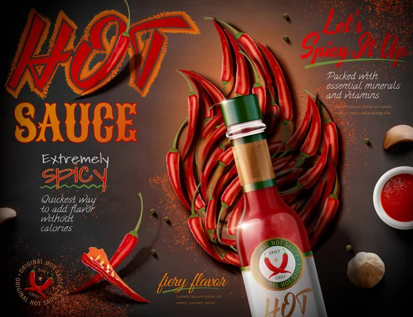 Flat lay hot chili sauce ads — Stock Vector