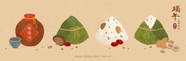 Lezzetli zongzi ve gerçek şarap afişi illüstrasyon, Duanwu Festivali, tarih ve şarap Çin kaligrafisi ile yazılmış.