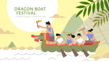 Dragon boat racing team upon river with giant rice dumplings mountain, Duanwu festival illustration clipart