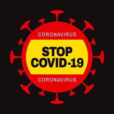Kırmızı ve sarı virüs sembolündeki COVID-19 uyarısını durdur