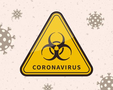 Coronavirus dikkat sarı işaret, üçgen şeklinde, bej virüs arka planında biyolojik tehlike sembolü var.