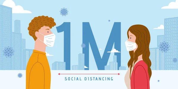 Distance Sociale Lors Épidémie Coronavirus Avec Homme Femme Rester Moins — Image vectorielle