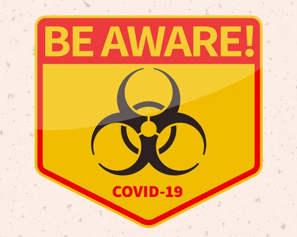 ベージュの背景にビオハザード記号とコロナウイルス黄色の警告記号に注意してください — ストックベクタ