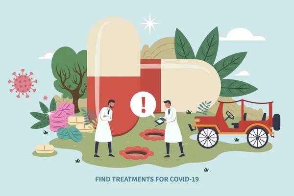 Scientists Keep Searching New Treatments Covid Flat Design Conceptual Illustration — Stock Vector