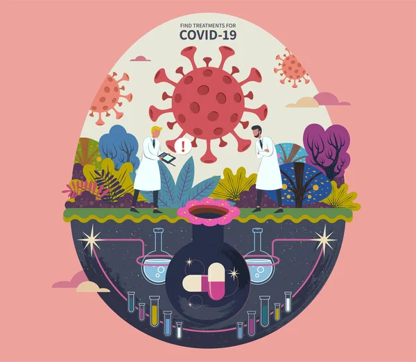 美しい庭でCovid 19の治療を見つける科学者 巨大なカプセルと地下に隠れてフラスコとフラットデザインの概念図 — ストックベクタ