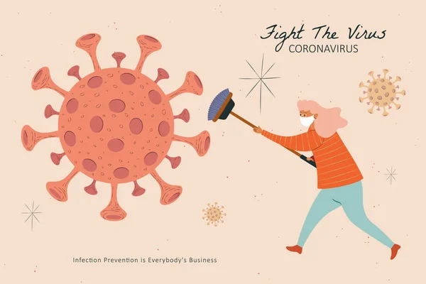 ウイルスと戦うためにほうきを持っている女性 Covid 19イラスト — ストックベクタ