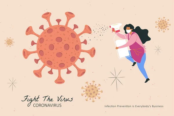 ウイルスと戦うためにアルコールスプレーを保持する女性 Covid 19消毒コンセプトイラスト — ストックベクタ