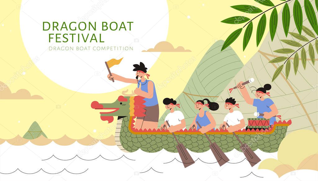 Dragon boat racing team upon river with giant rice dumplings mountain, Duanwu festival illustration
