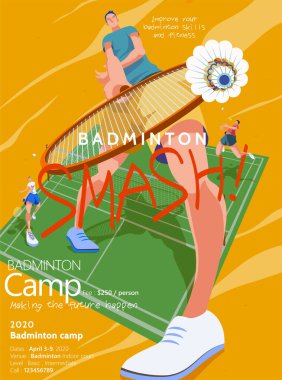 Badminton kampı tanıtım afişi, erkek karakter soyut arka planda badminton kortu ile süslenmiş çekim yapıyor.