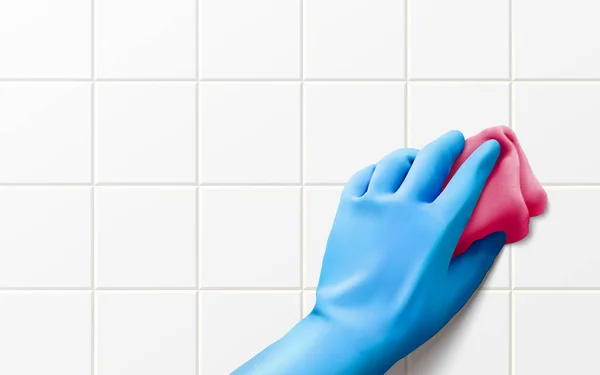 赤いラグを保持青い手袋で手の効果と白いタイルの壁を拭く 3Dイラスト — ストックベクタ