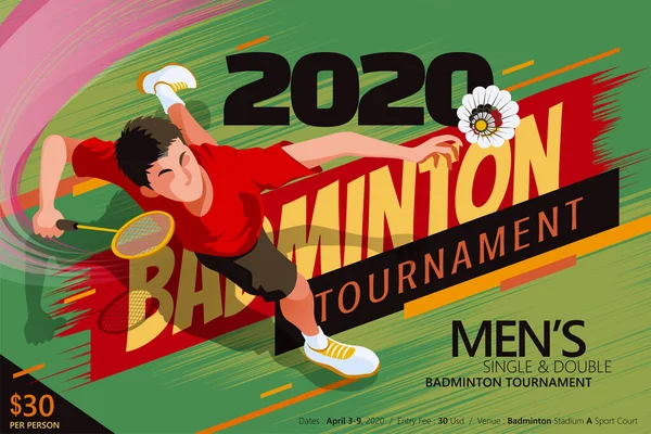 Badminton Tournament Poster Template Top View Male Character Jumping High — Stock Vector