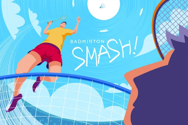 Badminton Tournament Poster Bottom View One Player Doing Jump Smash — Stock Vector