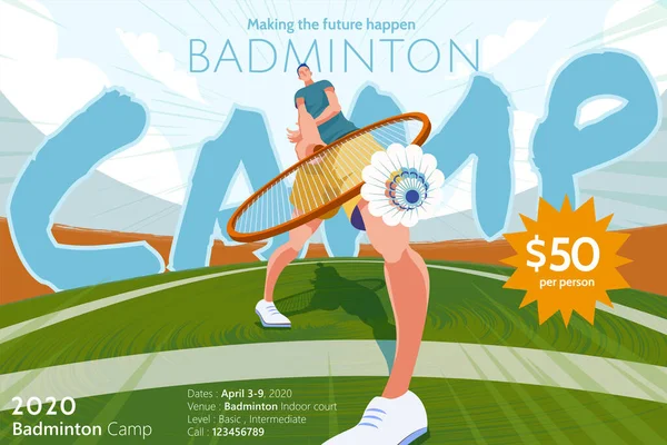 Badminton Camp Promotion Poster Young Energetic Player Striking Shuttlecock Court — Stock Vector