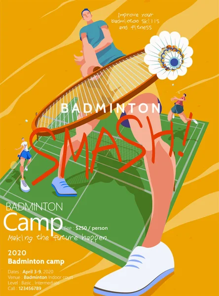 Badminton Camp Promotion Poster Male Character Doing Drop Shot Decorated — Stock Vector