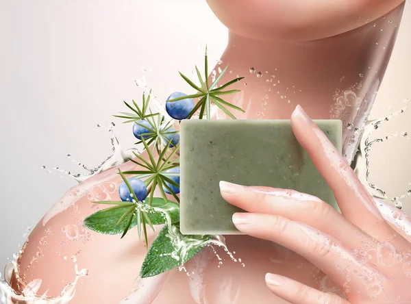 Elegant Woman Holding Herbal Hygiene Soap Water Splashing Her Shoulder — Stock Vector