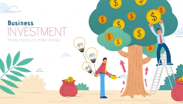 企业投资理念扁平设计 商人浇灌钱树并从中获得硬币 收入与收入隐喻图解 — 图库矢量图片