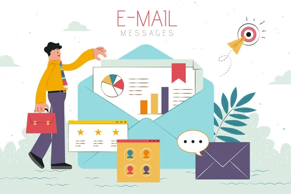 Concepção Mensagens Mail Design Plano Com Empresário Vendo Envelope Aberto — Vetor de Stock