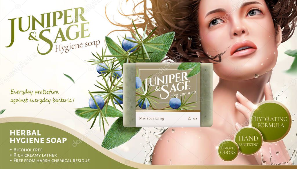 Ad template of herbal hygiene soap, decorated with realistic young brunette touching her face and looking up, 3d illustration