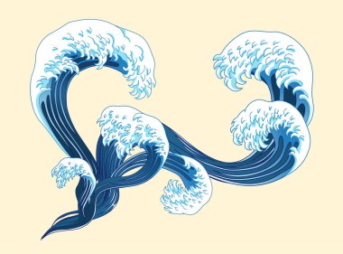Açık sarı arkaplanda Ukiyo-e tarzı dalga elementleri sıçraması