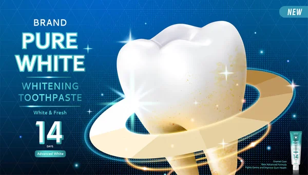Λευκαντική Οδοντόκρεμα Διαφημίσεις Γιγαντιαίο Δόντι Στροφή Από Κίτρινο Λευκό Πάνω — Διανυσματικό Αρχείο