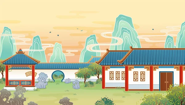 Ilustração Cênica Antigo Jardim Casas Chinesas Design Plano — Vetor de Stock