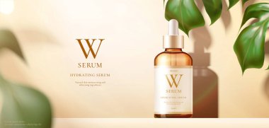 3 boyutlu güzellik ürünü reklam şablonu, canavar arkaplan serumu modeli, lüks cilt konsepti.