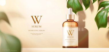 3d illustration of beauty product ad template, serum mock-up on monstera background, concept of luxury skincare clipart