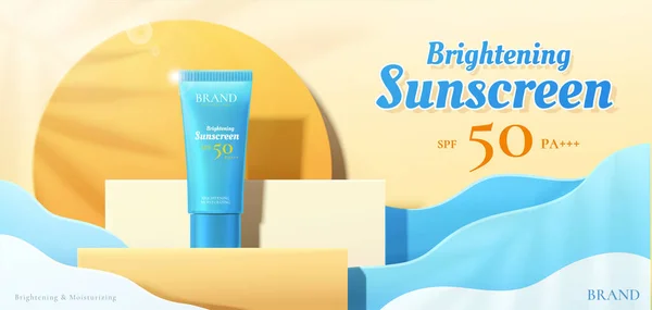 Schönheitsprodukt Werbevorlage Sonnenschutzmittel Mock Auf Quadratischem Podium Mit Ozeanwelle Papier — Stockvektor