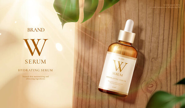 3d иллюстрация шаблона рекламы косметического продукта, макет сыворотки, накрытый на деревянный стол с монстром и солнечным ореолом, концепция роскошной кожи
