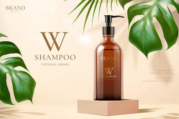 3d иллюстрация шаблона рекламы косметического продукта, макет шампуня, установленный на кубическом подиуме с монстрами и тропическими листьями, концепция роскошной кожи