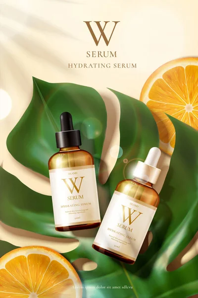 Ilustrasi Produk Kecantikan Template Serum Mock Diletakkan Daun Monstera Besar - Stok Vektor