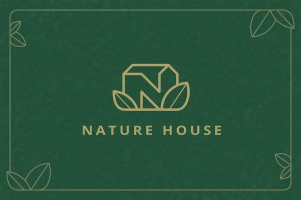 Natur Haus Dünne Linie Stil Logo Design Bronzefarbe Auf Grünem — Stockvektor