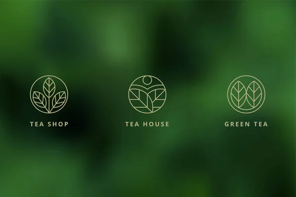 自然な細いラインスタイルの緑の葉の丸いラベル ロゴのデザインは ボケの背景に設定 — ストックベクタ