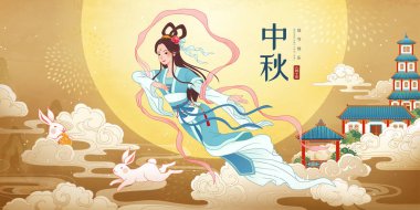 Mid Autumn Festival banner with beautiful Chang e flying with jade rabbits upon the sky, Chinese translation: holiday name and happy festival clipart