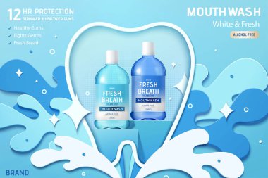 Ağız yıkama ya da ağız yıkama için reklam şablonu, molar şekilli şablonlar ve kağıt kesme dalgaları, 3D illüstrasyon.
