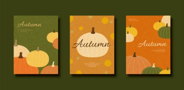 Sonbahar renkli balkabağı broşürü seti, hasat mevsimi şablonu düz elle çizilmiş.