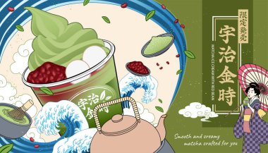 Ukiyoe tarzı Japon matcha dondurma reklamı, deniz dalgaları ve çay kapsülüyle süslenmiş, tatlı kırmızı fasulyeli Matcha.