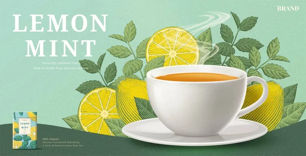 Lemon Hortelã Chá Banner Anúncios Com Fundo Ingredientes Gravura Ilustração — Vetor de Stock