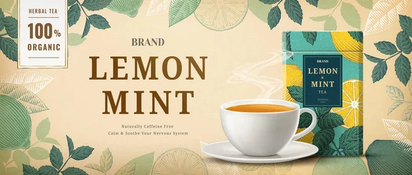 Реклама Мятного Чая Гравировкой Ингредиентов Рамки Иллюстрации Чашки Чая Упаковки — стоковый вектор