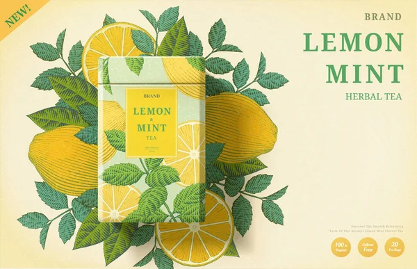 Iklan Teh Mint Lemon Dengan Ukiran Bahan Latar Belakang Pada - Stok Vektor