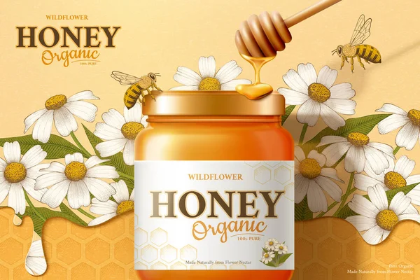 Wild Flower Honey Template Realistic Golden Jar Mock Set Engraving Royalty Free Stock Vectors