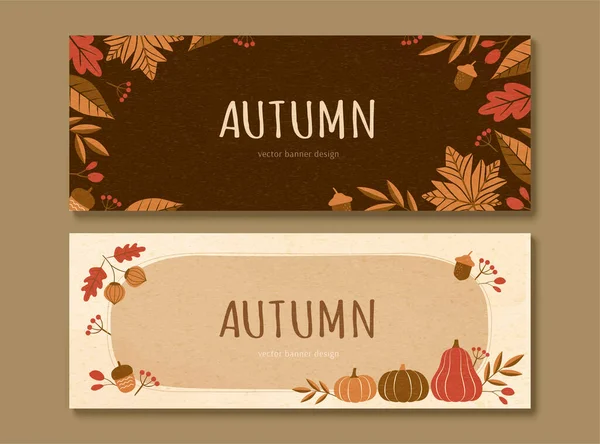 Autumn Plants Pumpkins Banner Set Brown Beige Tone — Stock Vector