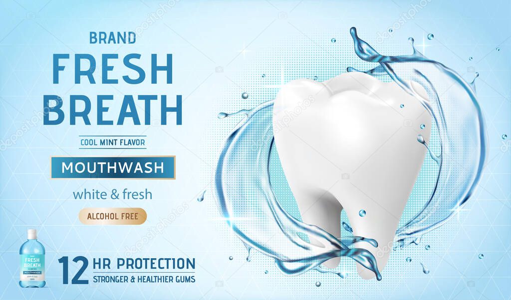 Ad template for mouth wash or oral rinse, with giant white molar surrounded by blue splashing water, 3d illustration