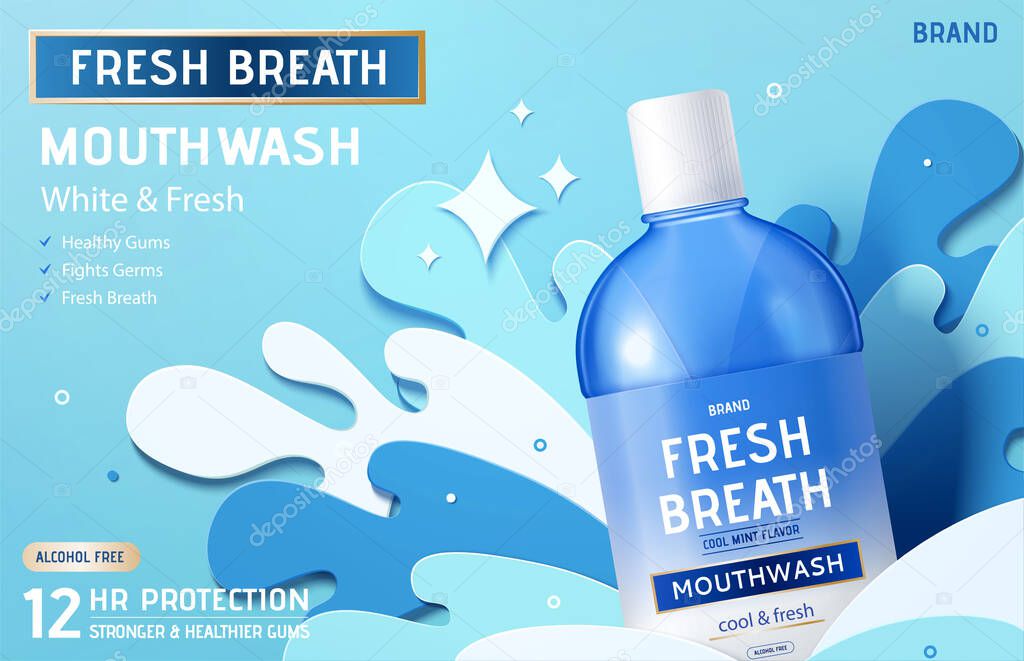 Ad template for mouth wash or oral rinse, bottle mock-up with blue paper cut waves, 3d illustration