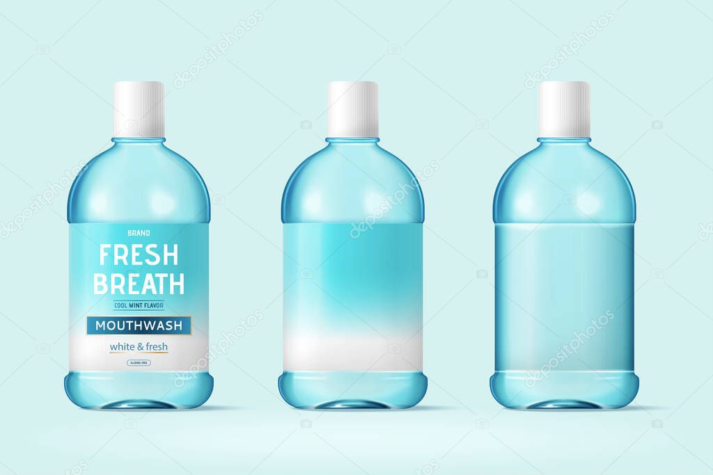3d illustration of mouth wash or oral rinse bottle mock-ups, isolated on light blue background