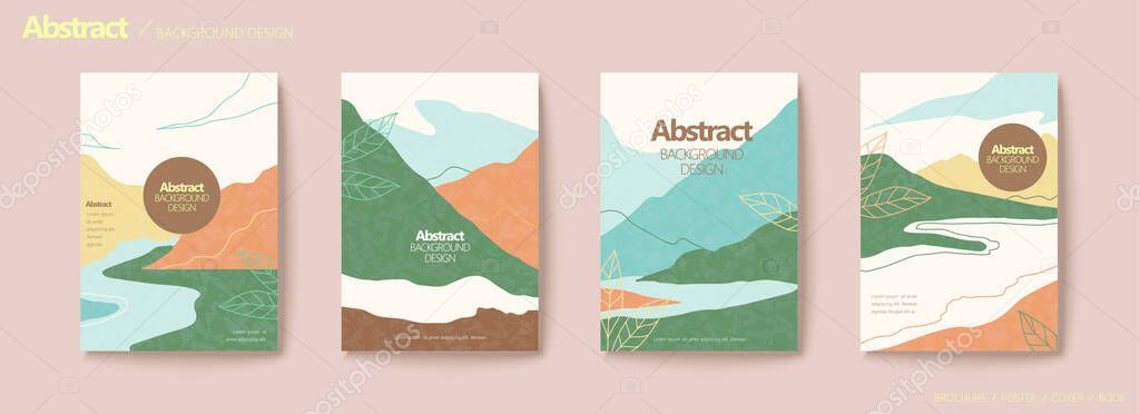 Mountain and river scene flyer set with line style leaf decoration