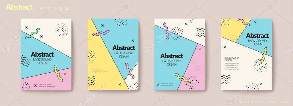 Memphis geometric flyer set in pastel tone with halftone, wave pattern elements