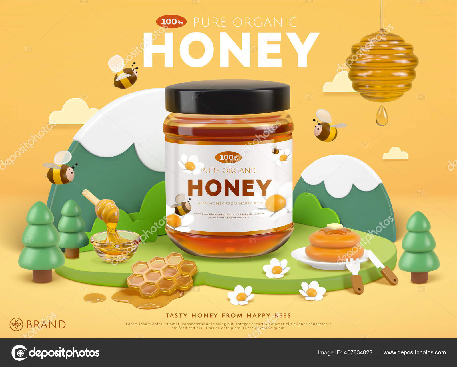 かわいい蜂やミニチュア自然山のシーンと有機蜂蜜広告テンプレート 漫画の3dイラストで ストックベクター C Kchungtw